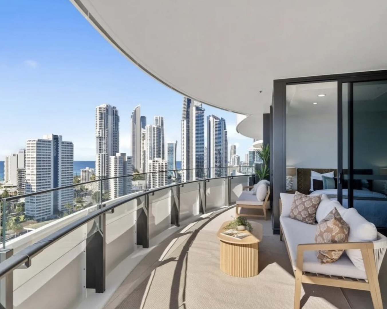 Curved balcony terrace overlooking the Gold Coast skyline