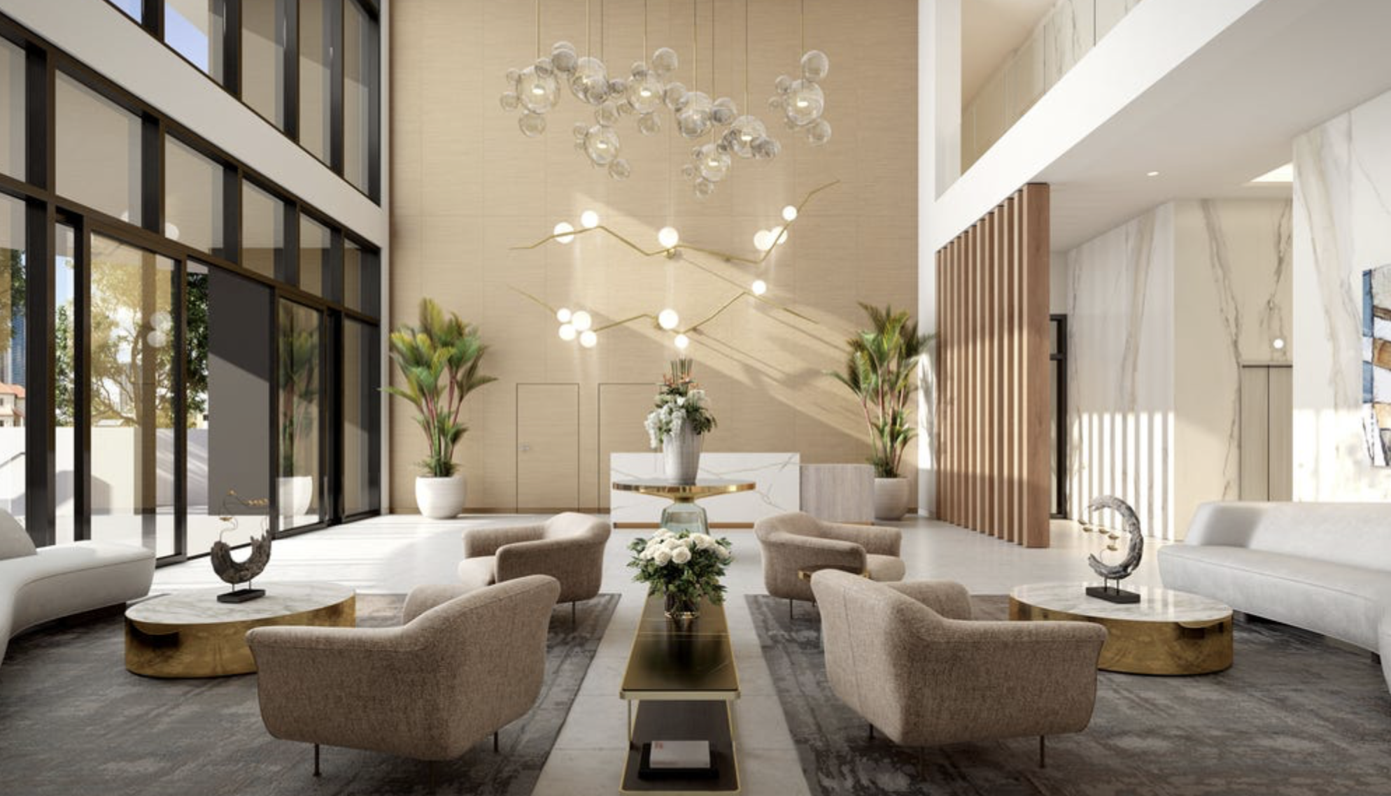 Club One residents' lobby lounge with sculptural lighting
